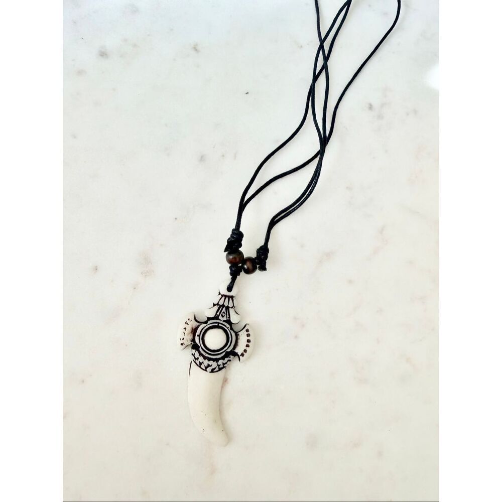 Tribal Tusk Pendant Necklace Adjustable Cord Boho Surfer Statement Jewelry